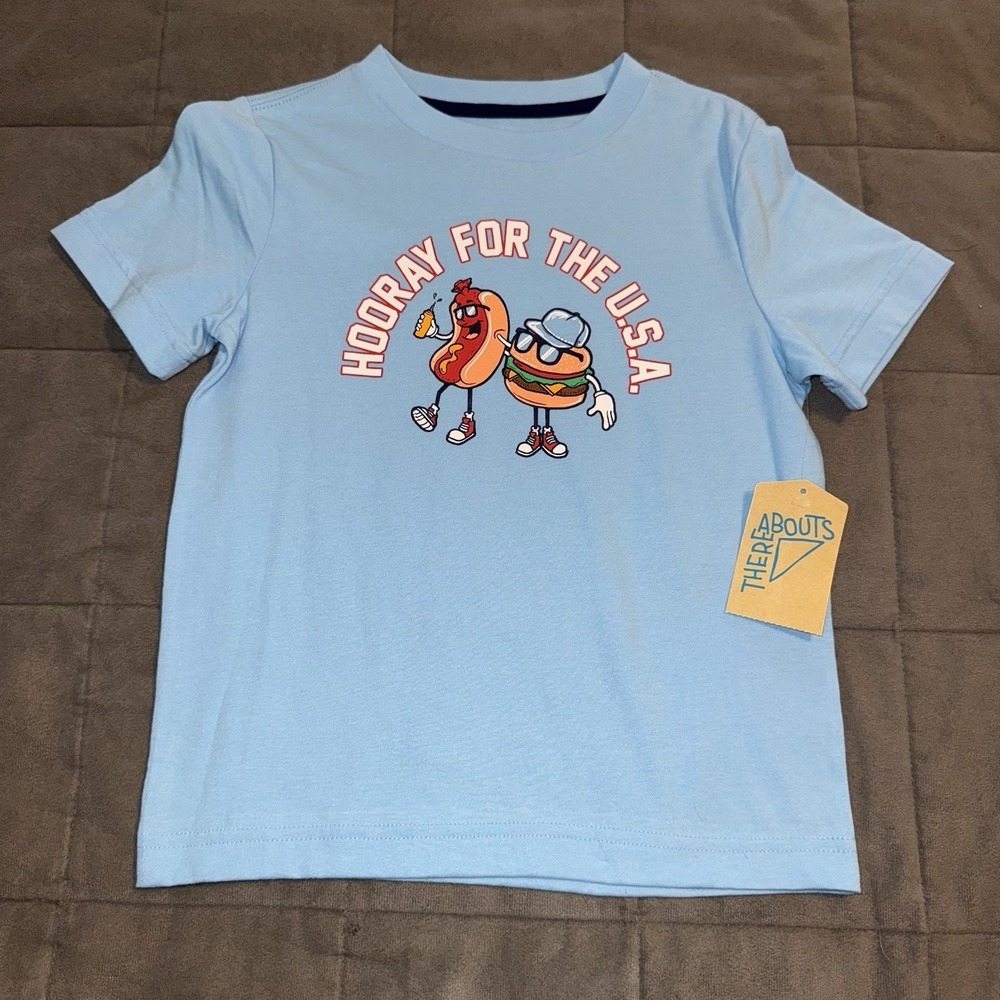 Boys XS 6/7  4th‎ of July Shirt Hooray for The USA Hotdog Burger Summer NWT